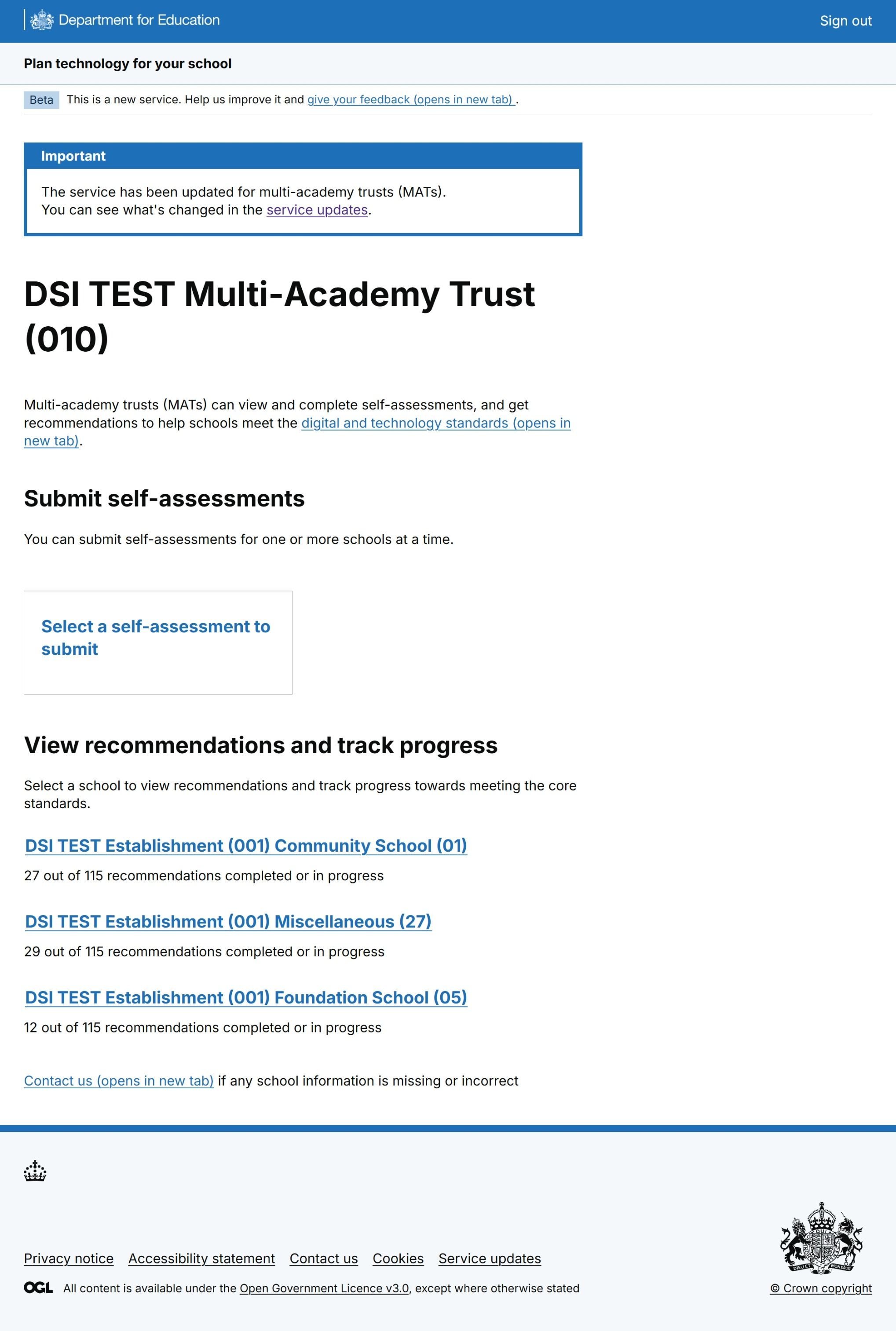 Figure 1: A screenshot of the Plan technology for your school service homepage for MAT users. A card is shown with a link for users select a self-assessment. Below this, schools in the MAT are listed as links.