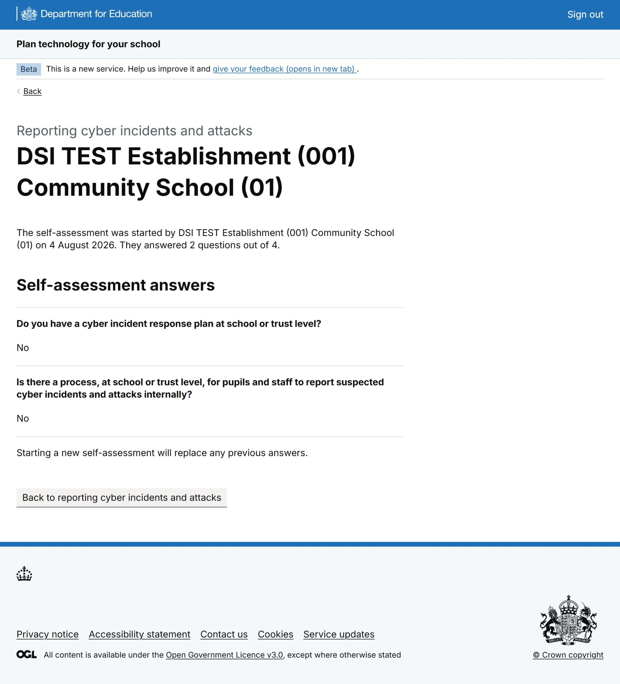 Figure 4: A screenshot of a Plan technology for your school page for MAT users. Users can view when the self-assessment was started, and answers given by the school in their incomplete self-assessment.