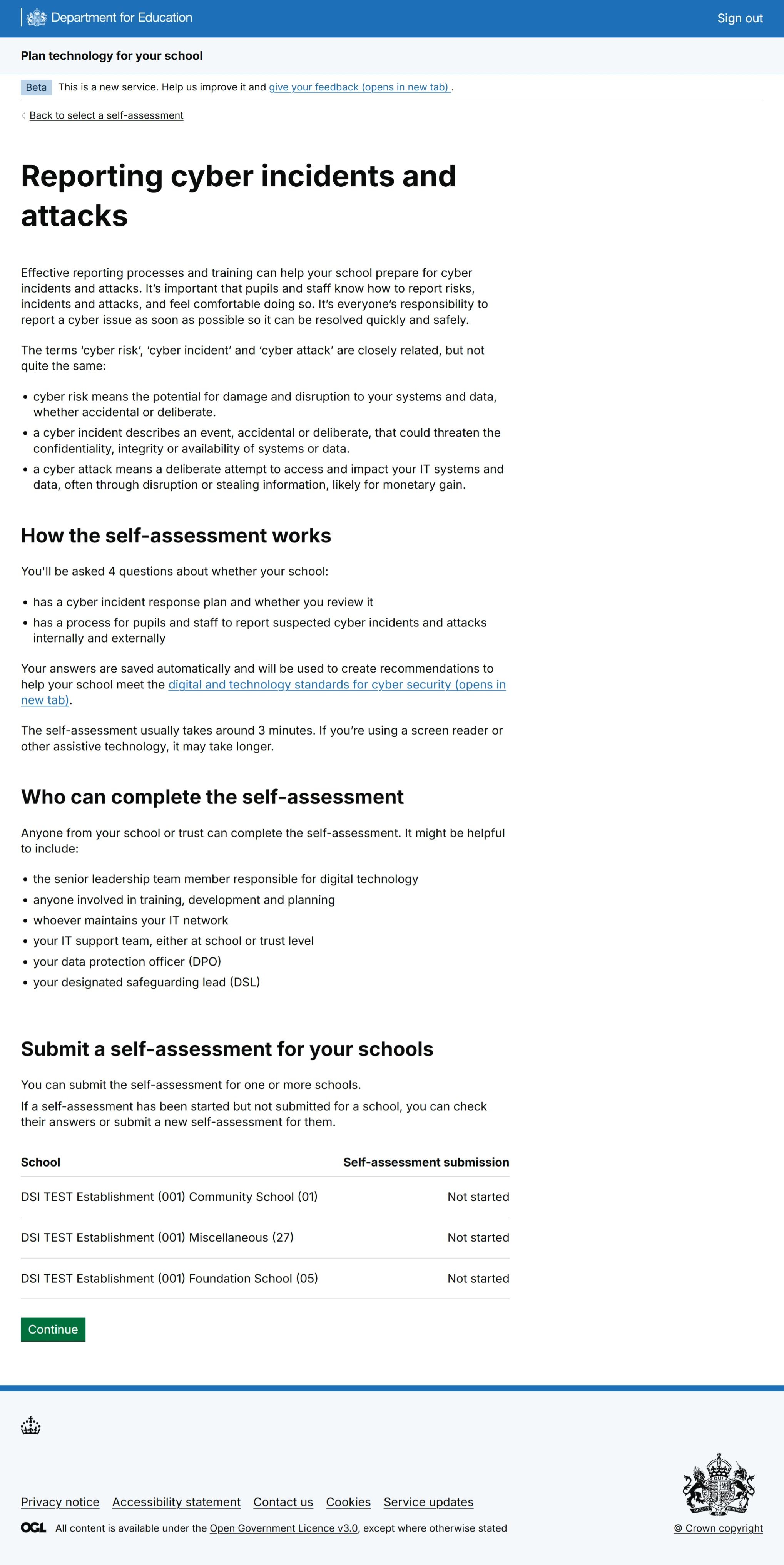 Figure 2: A screenshot of a Plan technology for your school service topic start page for MAT users. The page contains information about the self-assessment. At the bottom of the page, there is a table containing a list of schools that have not submitted the self-assessment. 