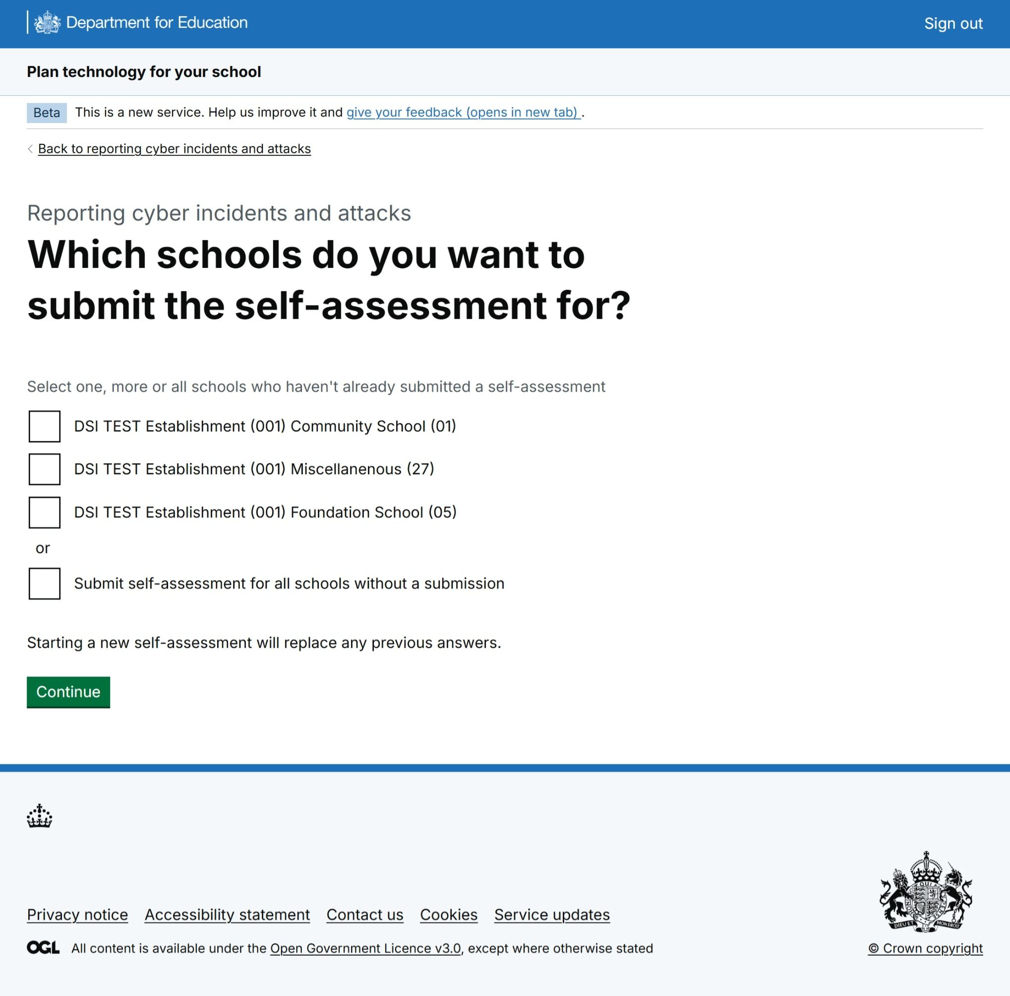 Figure 3: A screenshot of a Plan technology for your school service selection page for MAT users. Users can select schools that have not submitted the self-assessment from a tick-box list.