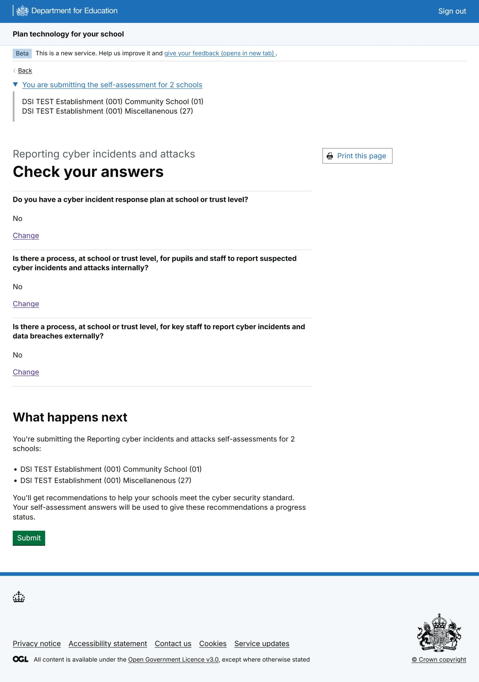 Figure 5: A screenshot of Plan technology for your school's 'Check your answers' page for MAT users. Users can see their self-assessment answers and a list of the schools they are submitting for.