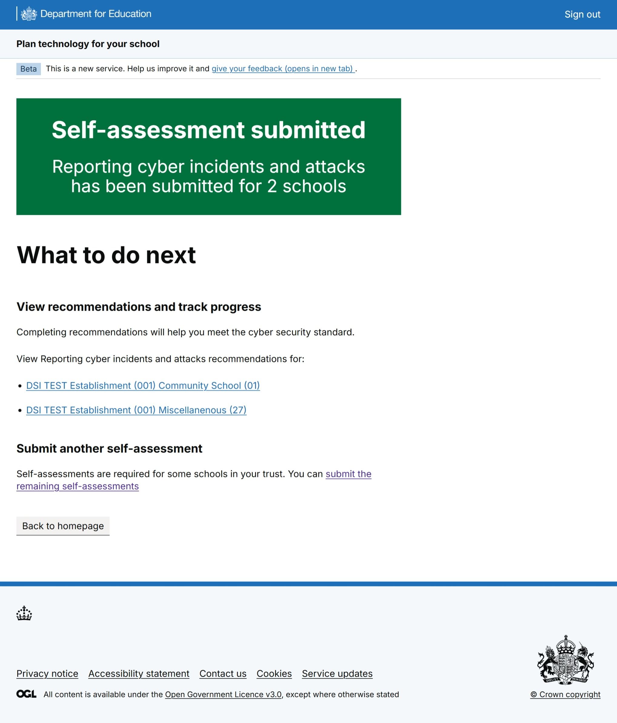 Figure 6: A screenshot of the Plan technology for your school service confirmation page for MAT users. Users can see schools they have submitted the self-assessment for and either view recommendations for one of those schools, return to select another self-assessment or return to the homepage. 