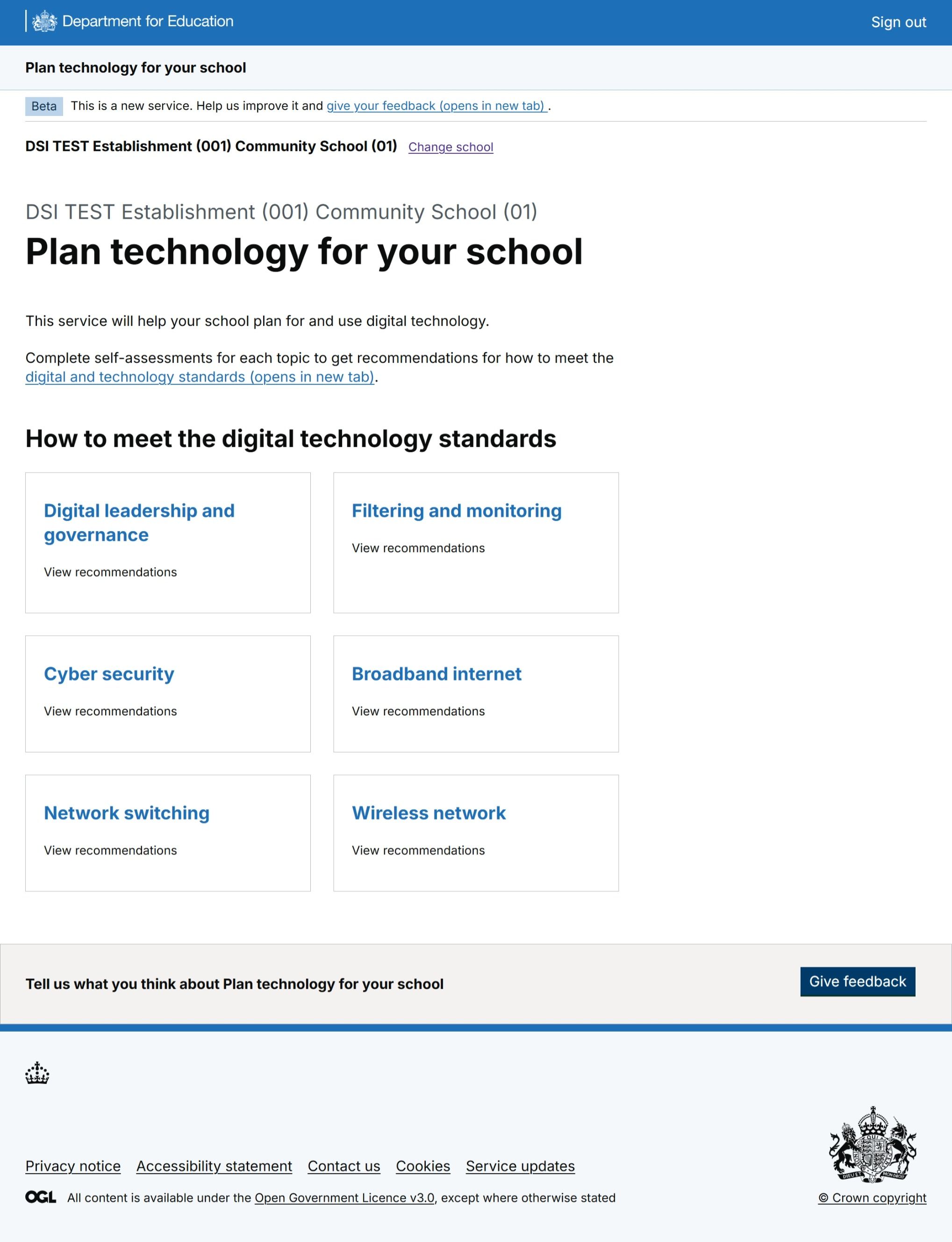 Figure 7: A screenshot of the Plan technology for your school service for MAT users viewing a single school’s overview. A card is shown for each standard, with a link to the recommendations landing page for that standard. 