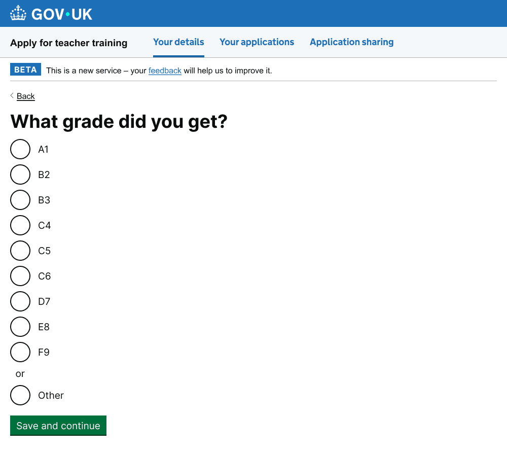 Grade selection page
