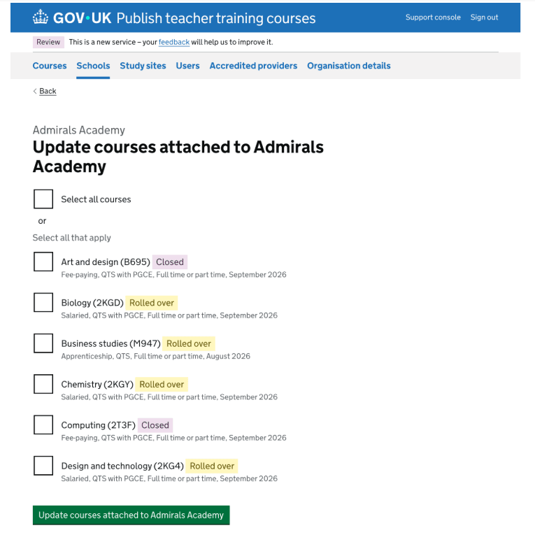 Ability to attach and detach multiple courses to a school at a time 