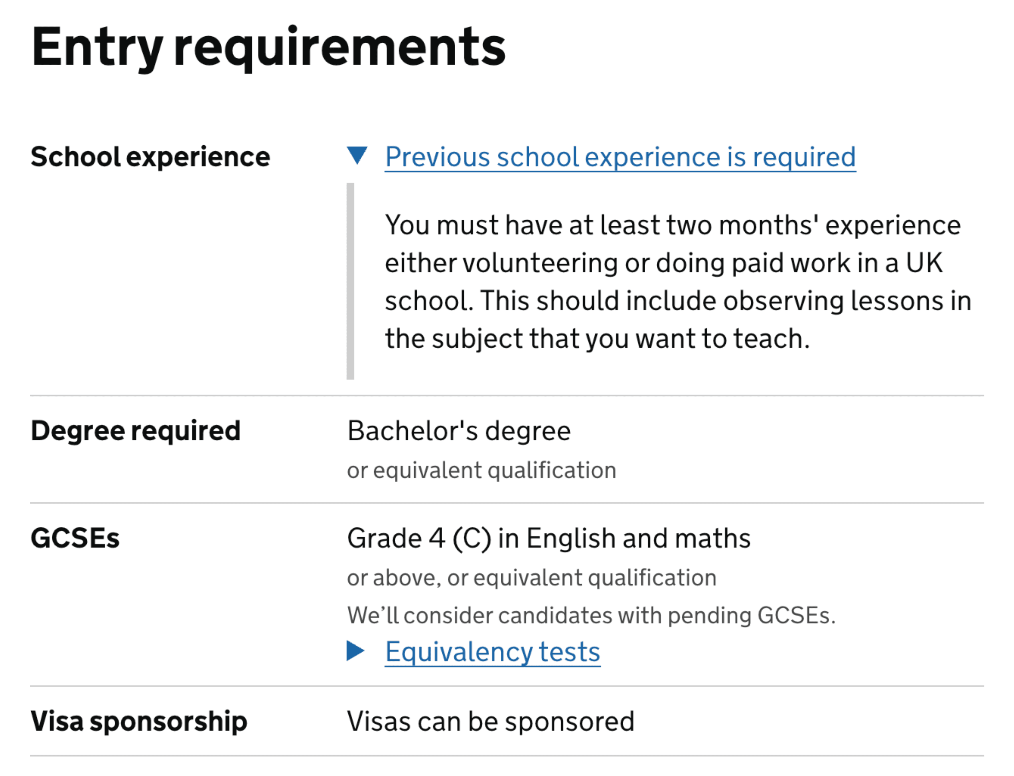 Course page showing school experience requirements the provider has entered on Publish displayed for candidates