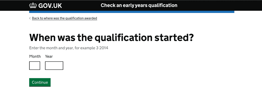 Question asking when the qualification started. Two fields for month and year, with example format shown, no additional guidance provided.