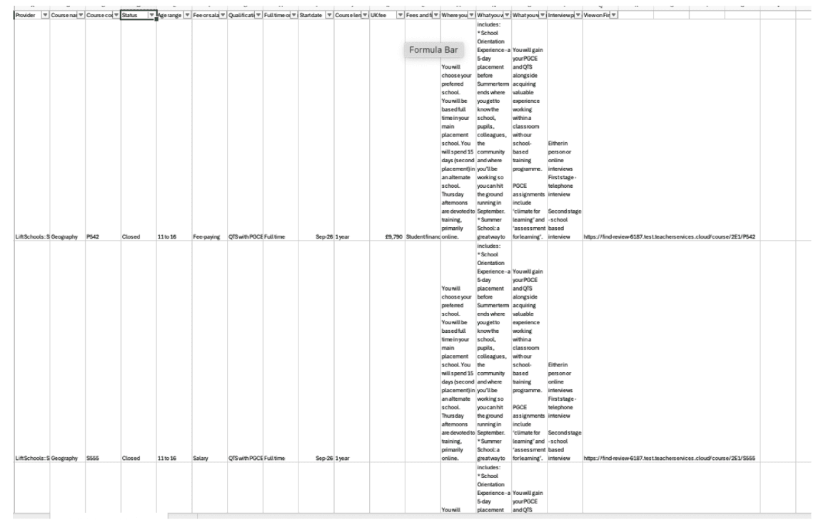 CSV design with paragraphs of course information