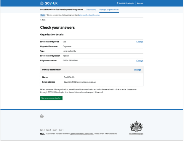 A screenshot of a check your answers page using the GDS check your answers pattern, with a card for the existing coordinator