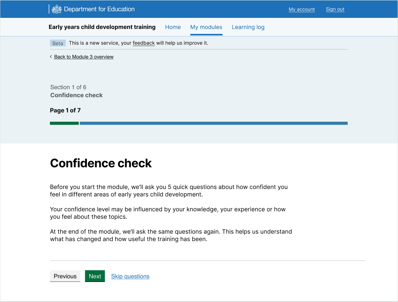 Screenshot of the confidence check start page