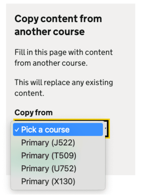 Current copy course functionality on Publish