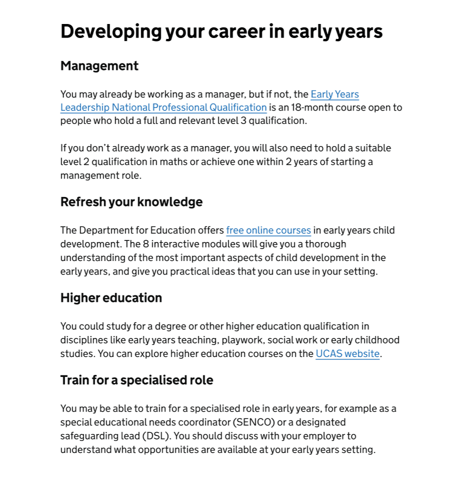 screenshot of one version of the developing your career in early years section on the qualification result page