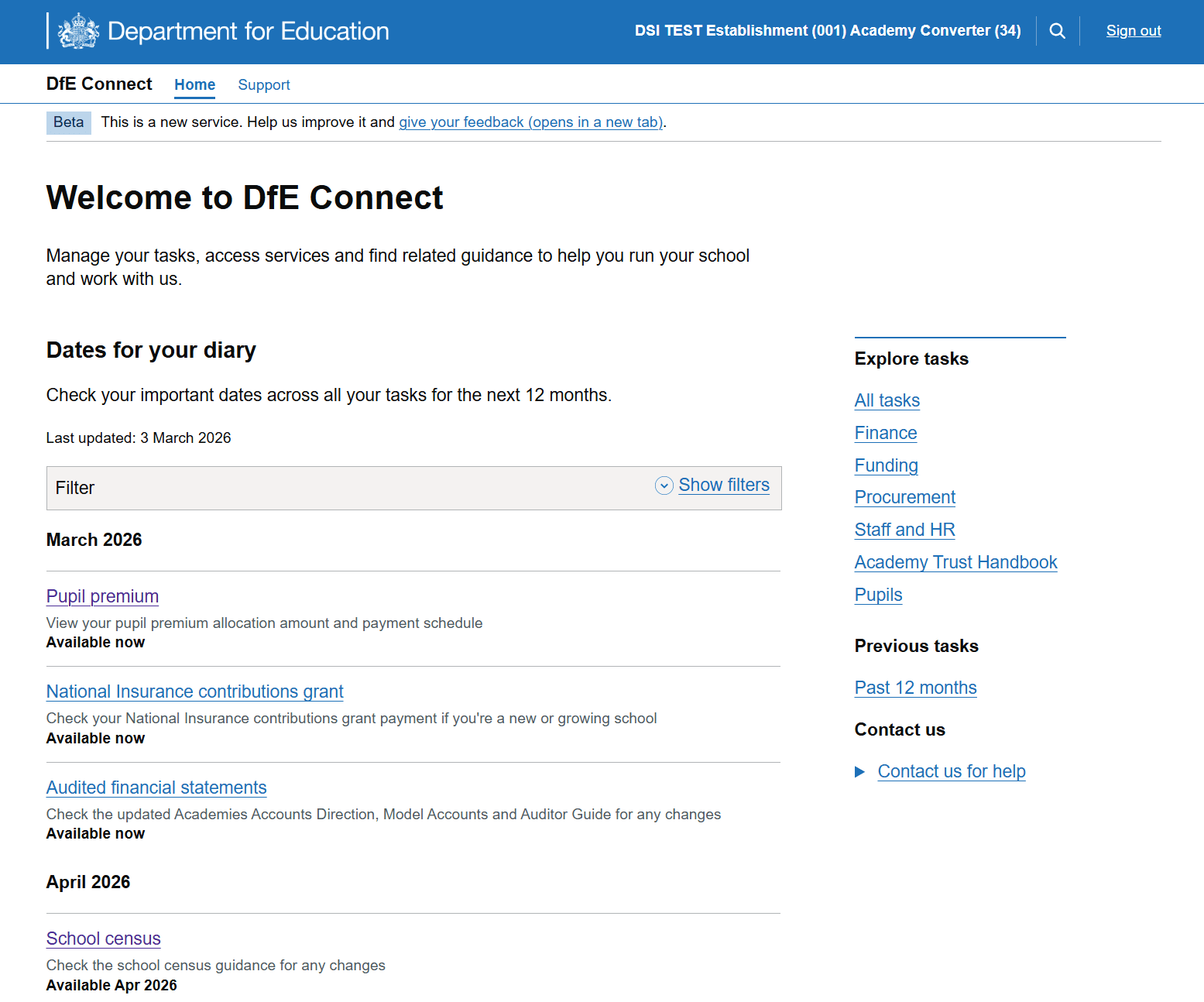 DfE Connect - landing page