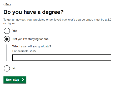 Screenshot of new 'Do you have a degree' question the adviser sign up funnel