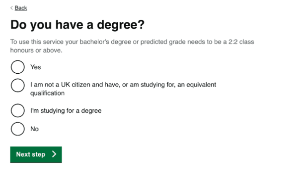 Screenshot of old 'Do you have a degree' question on the adviser sign-up funnel
