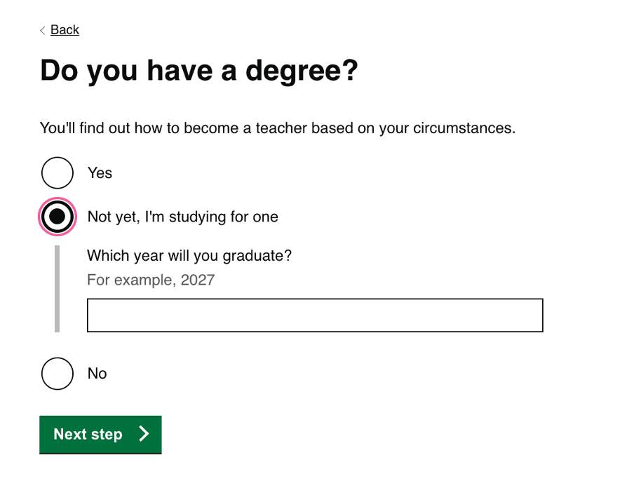 Screenshot of new 'Do you have a degree' question the mailing list funnel