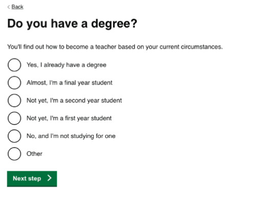 Screenshot of old 'Do you have a degree' question on the mailing list funnel