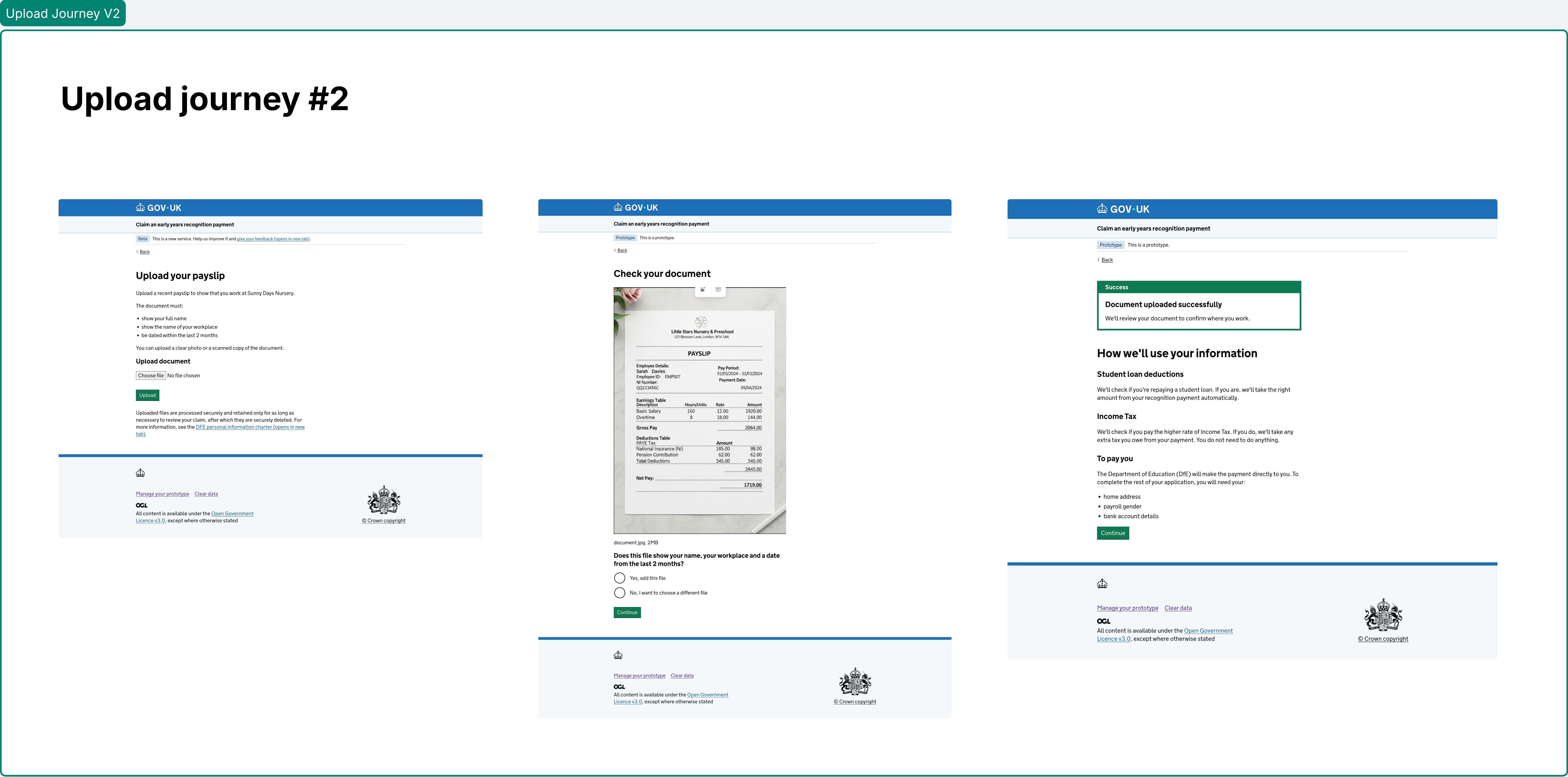 a screenshot of 3 pages in a user journey showing an improved upload a payslip flow
