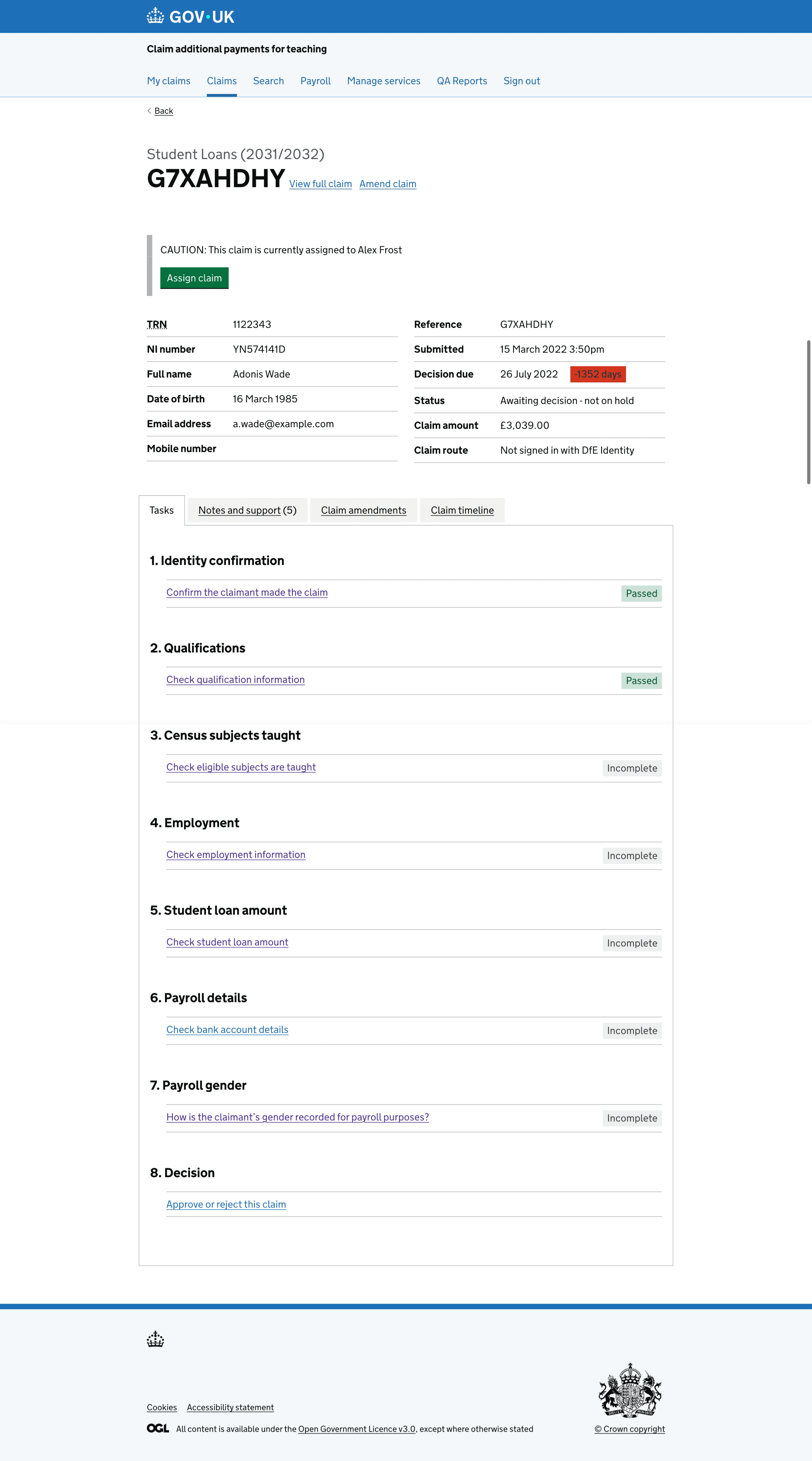 GOV.UK claim processing page showing claimant details, claim status, and a checklist of verification tasks for an additional payments for teaching claim.