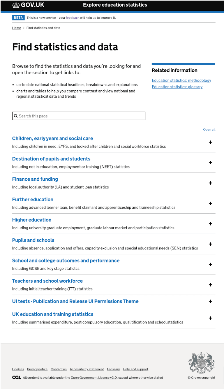 Screenshot showing first version of the Find Statistics page