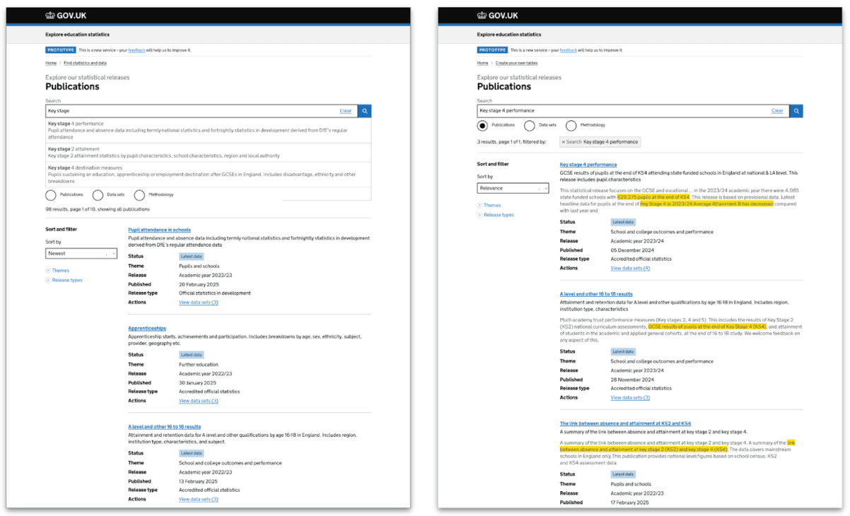 Screenshot showing GDS styled prototype for Azure AI search