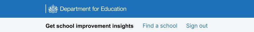 Screenshot of the GSII top navigation. At the top is the Department for Education title and logo. Under this is the top navigation reading: Get school improvement insights, Find a school, Sign out