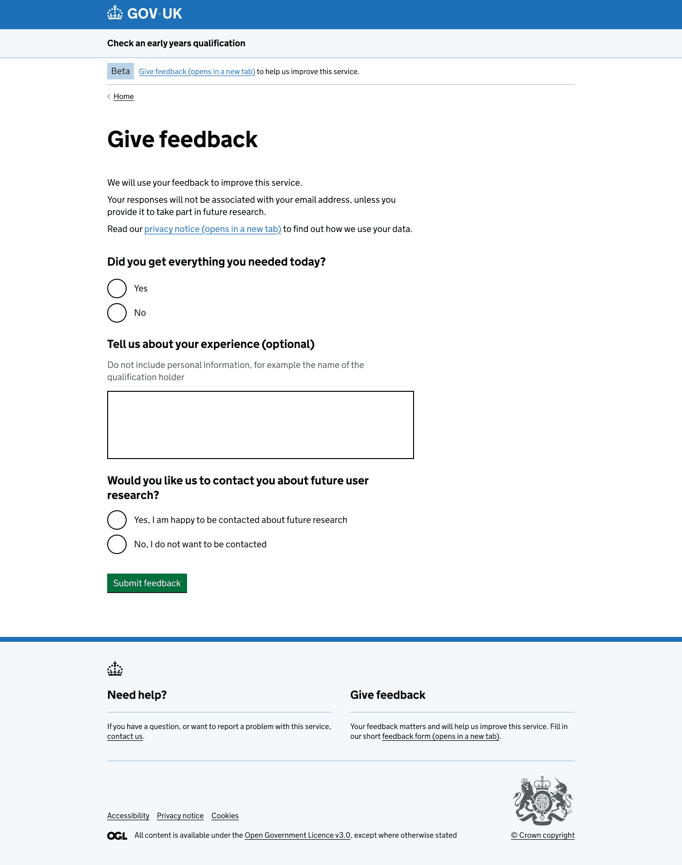 Screenshot of the new Give feedback page