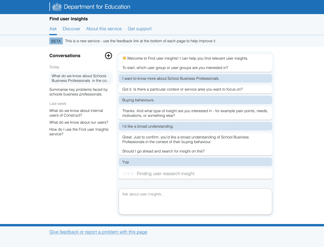 The chat interface with a collapsible history panel and a carousel of prompt suggestions