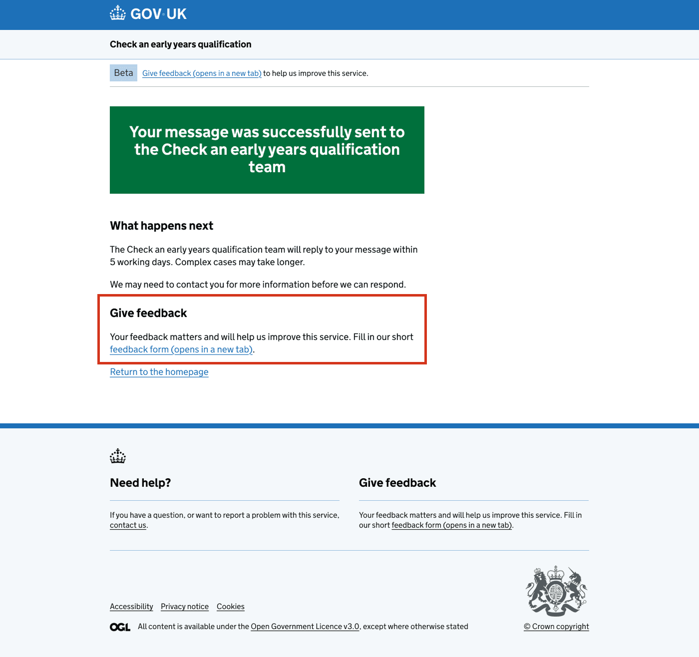 Screenshot of the Help Confirmation page