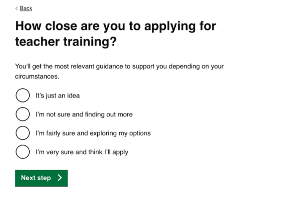 Screenshot of new 'How close are you to applying to teacher training' question the mailing list funnel