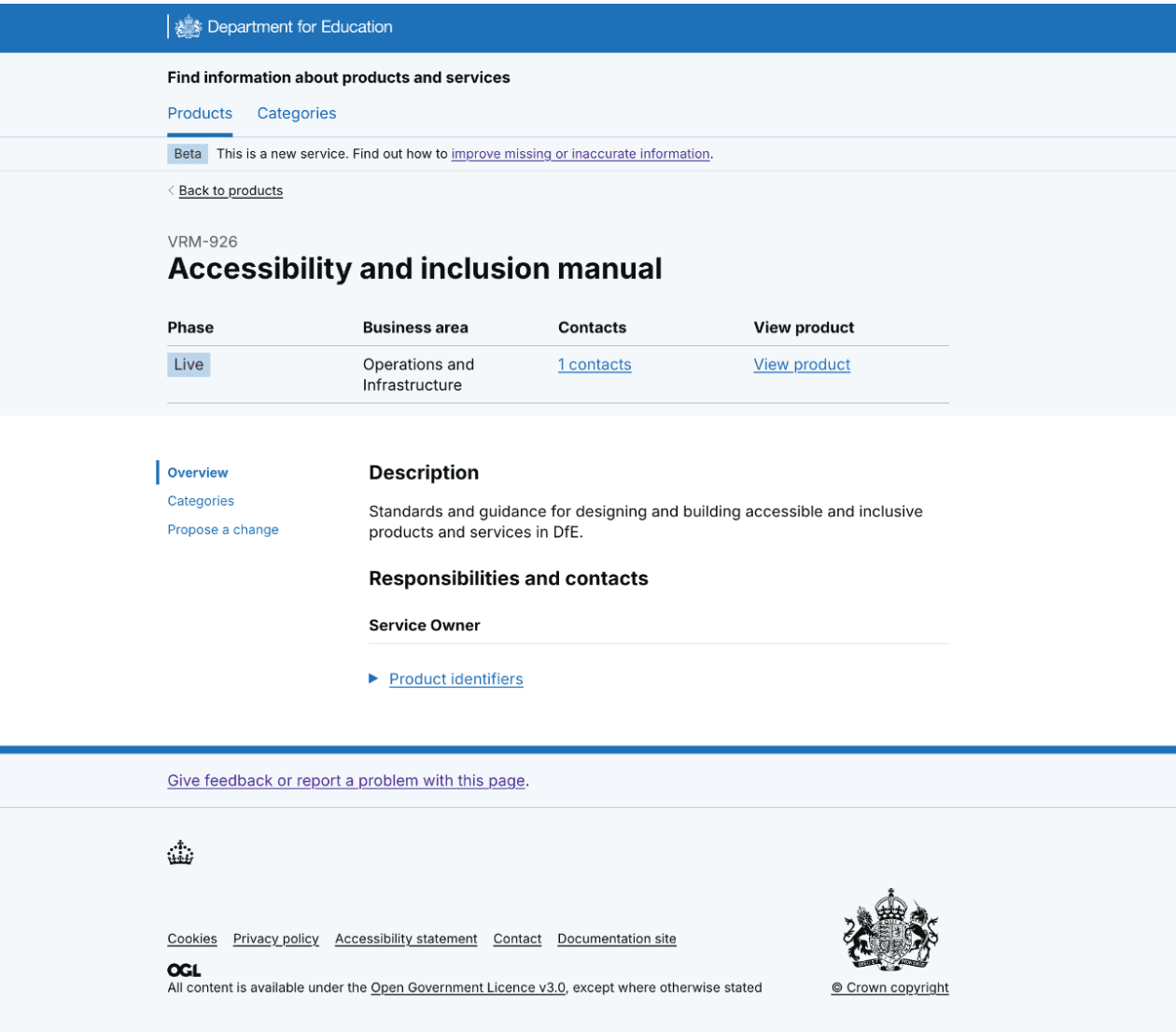 Screenshot of service overview page with contact details