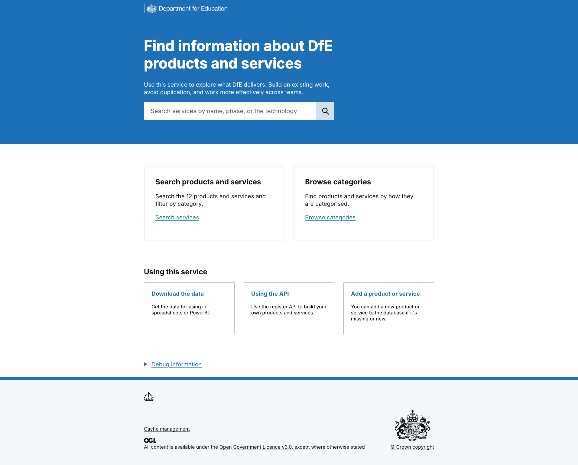 Iterated homepage with hint content for search and cards with links to search for products or browse by categories