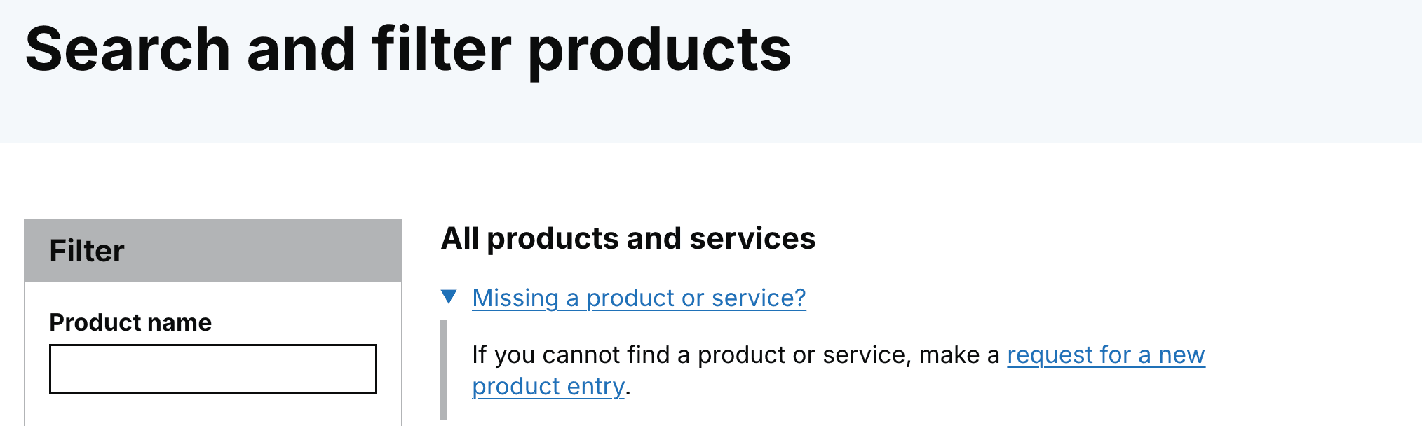Iterated make a request link with details component and clearer link content, which reads, request for a new product entry