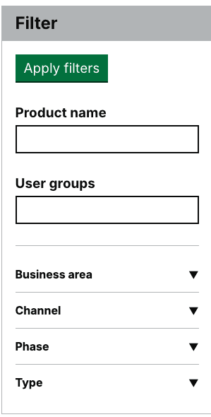 Iterated filter component with option to add product name or user groups