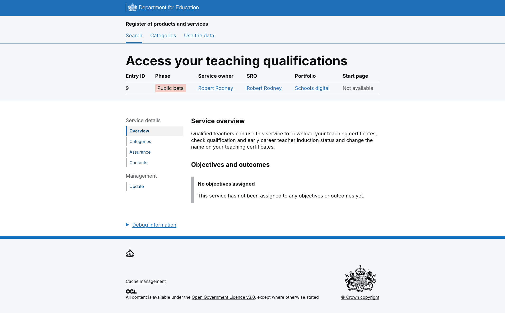 Screenshot of service page showing a description of the service and contacts