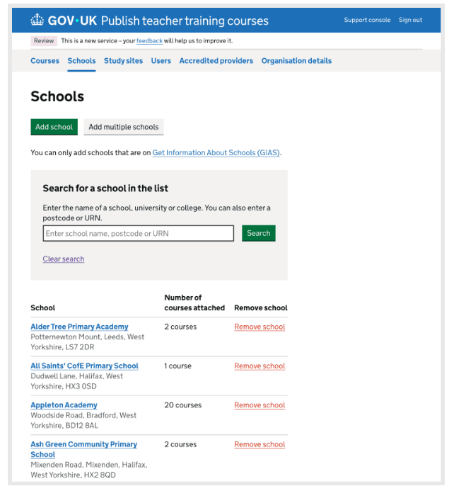 Improvements to the school list on Publish