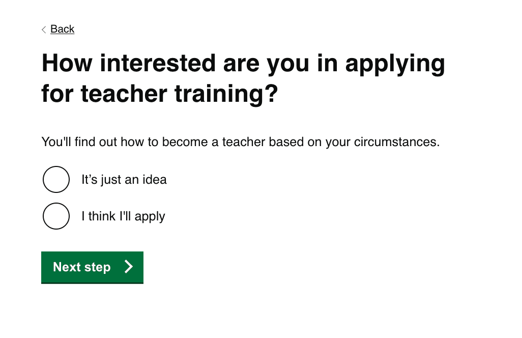 New 'How interested are you in applying for teacher training' question in the mailing list funnel