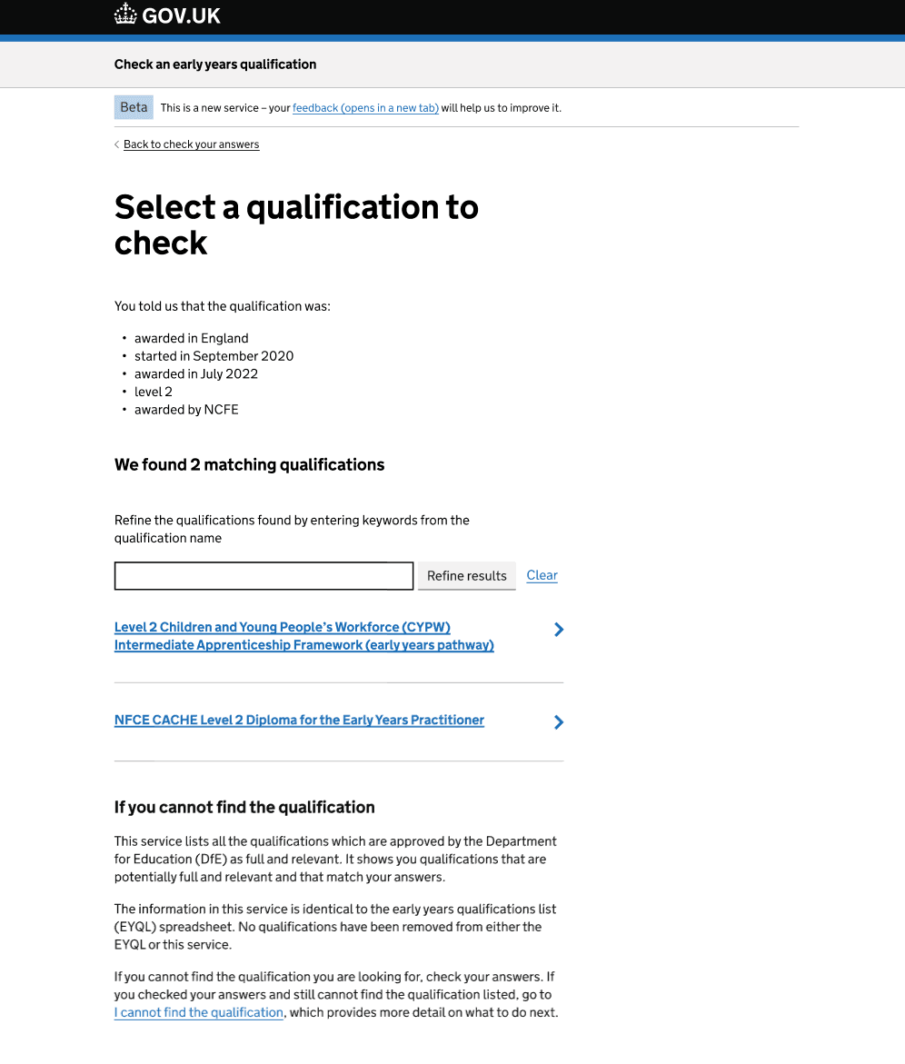 Iterated Select a qualification to check page with all the content in a single column