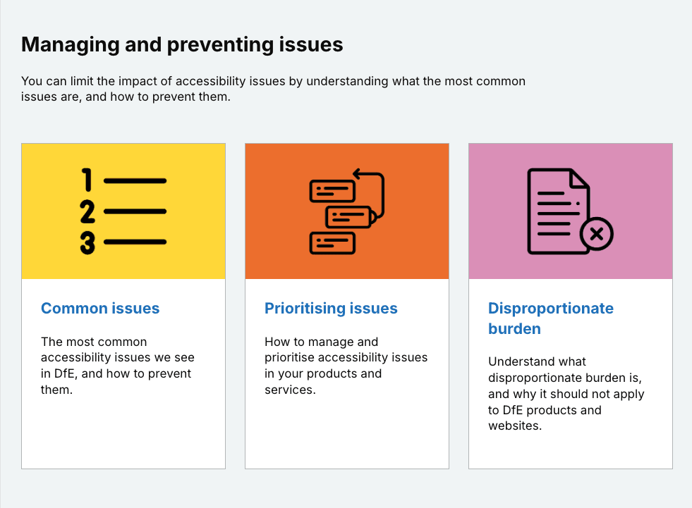 Managing and preventing issues content, which contains common issues, prioritising issues and disproportionate burden