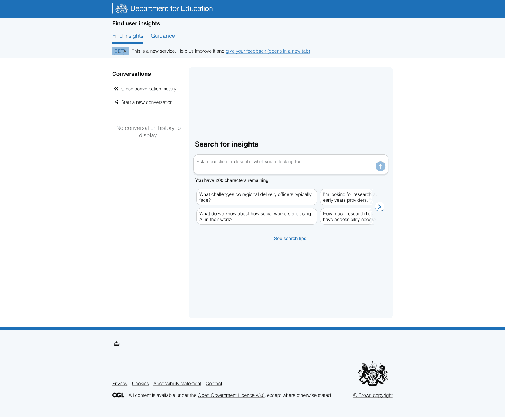 The final private beta chat interface, with a labelled, open history panel and clearer prompts
