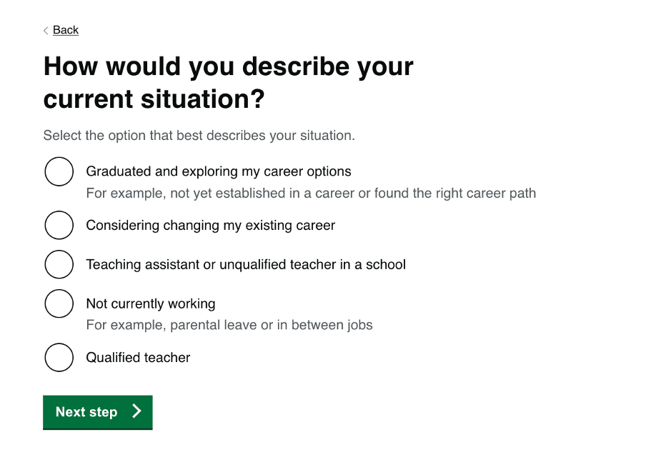 Screenshot of new 'How would you describe your current situation' question