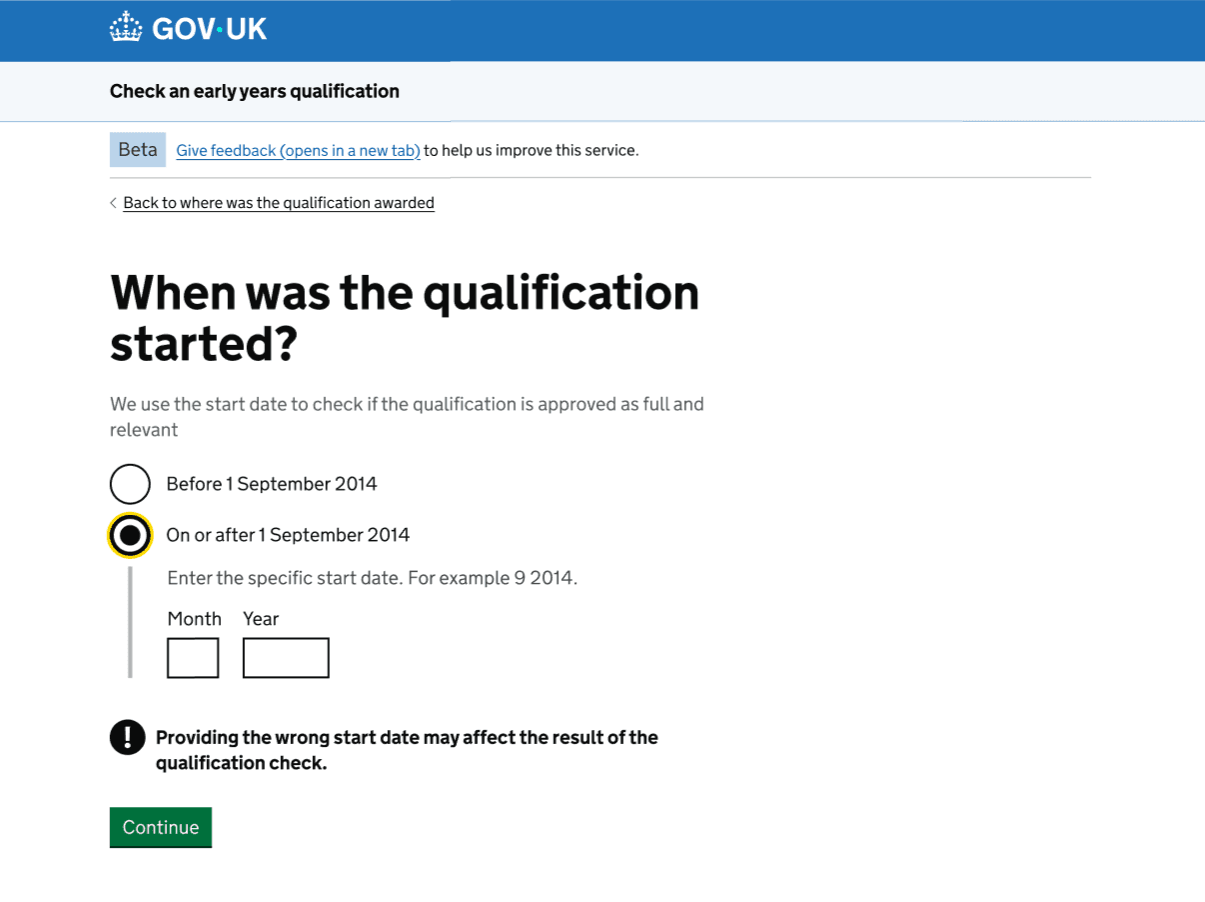screenshot of the new start date page with the on or after option selected