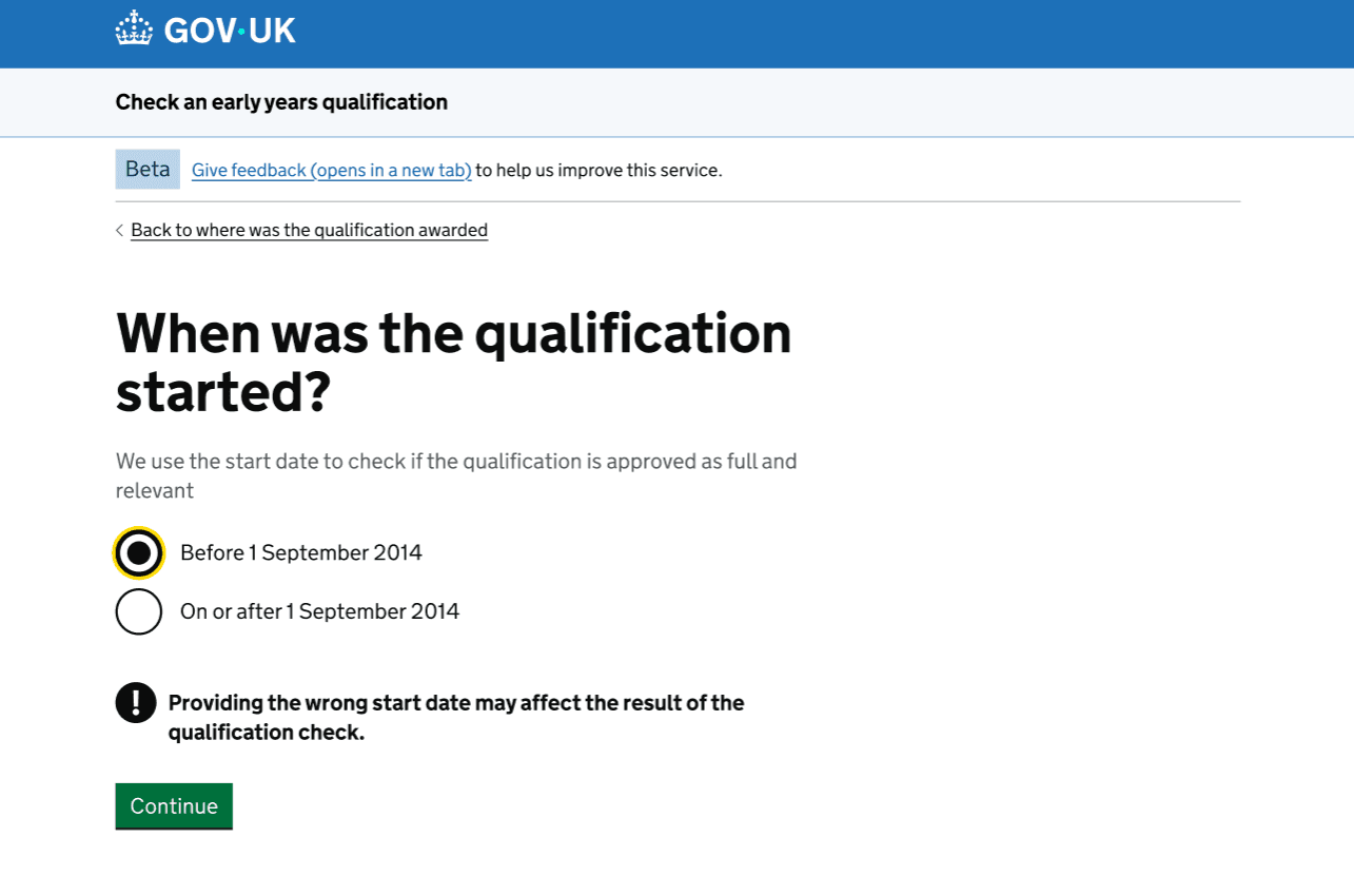screenshot of the new start date page with the before option selected