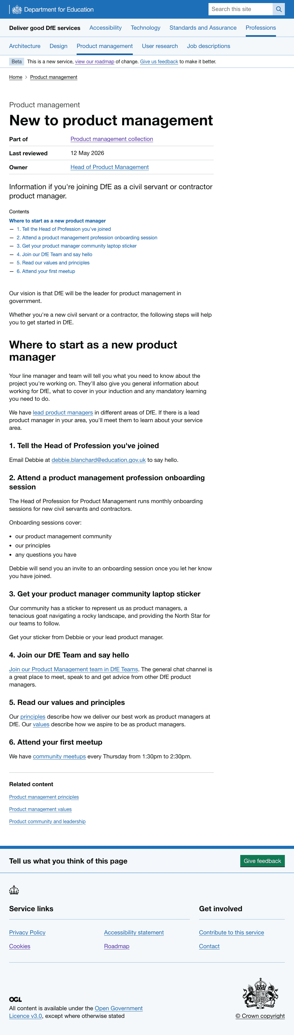 Screenshot of guidance for people new to product management with 6 steps they can take to settle in