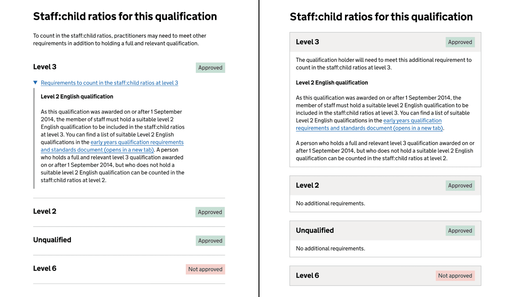 screenshot of the old and new version a staff:child ratio level with other requirements