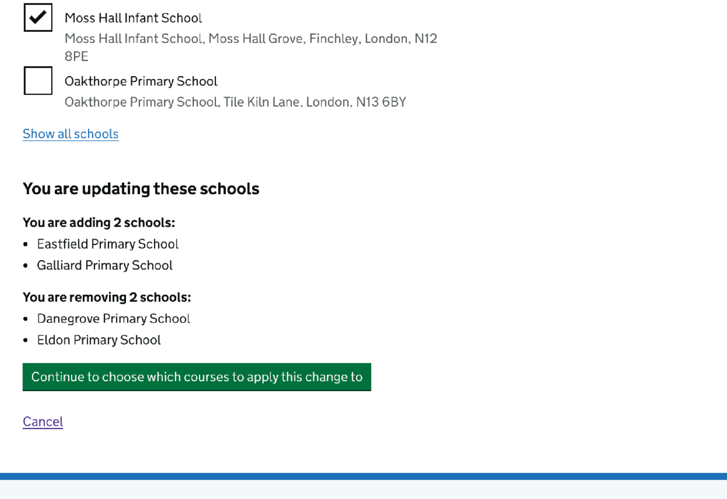 Button to continue from form of attaching schools to courses to bulk update