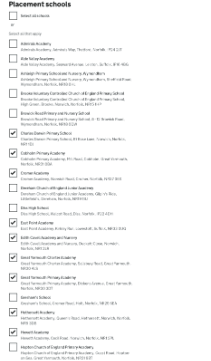 Placement schools list on Publish