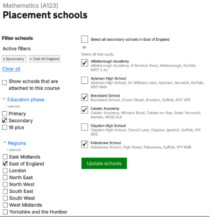 New proposed placement schools list with filters
