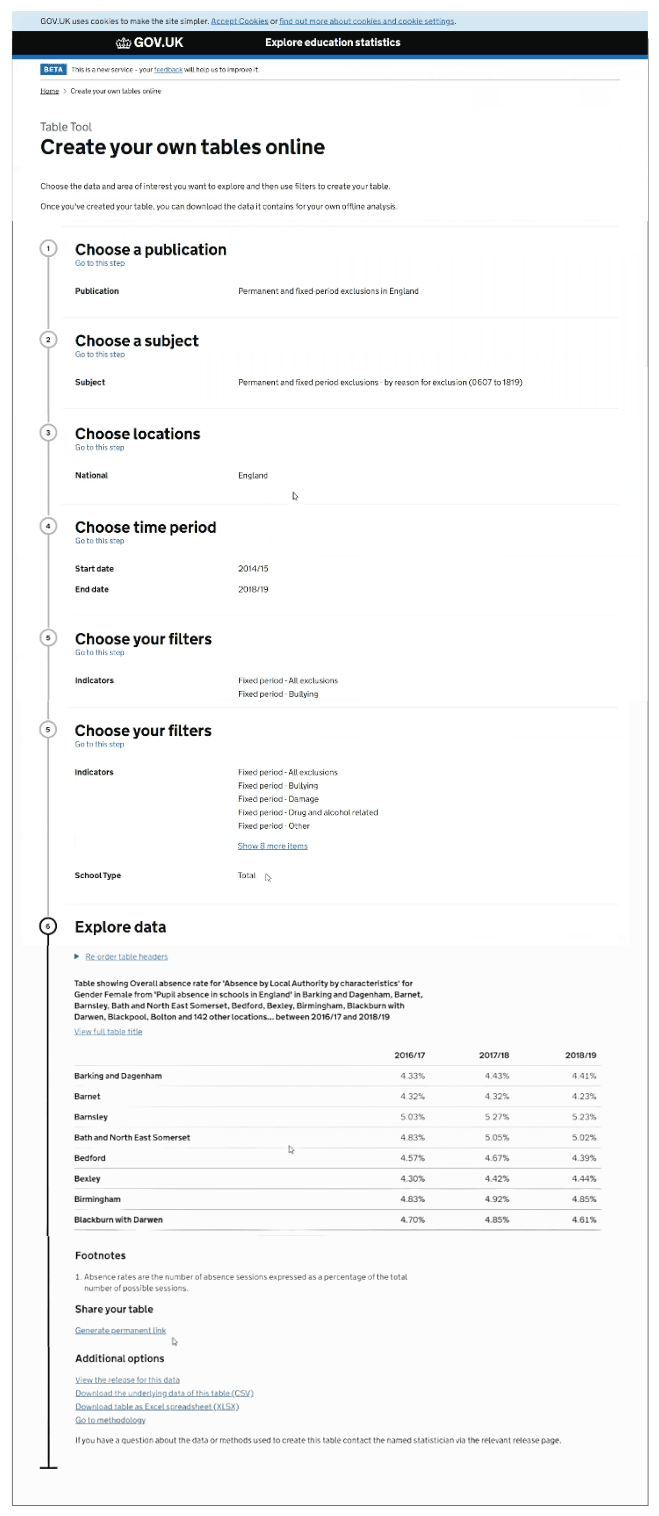 Screenshot showing the original version of the table tool, with filters and an example table 