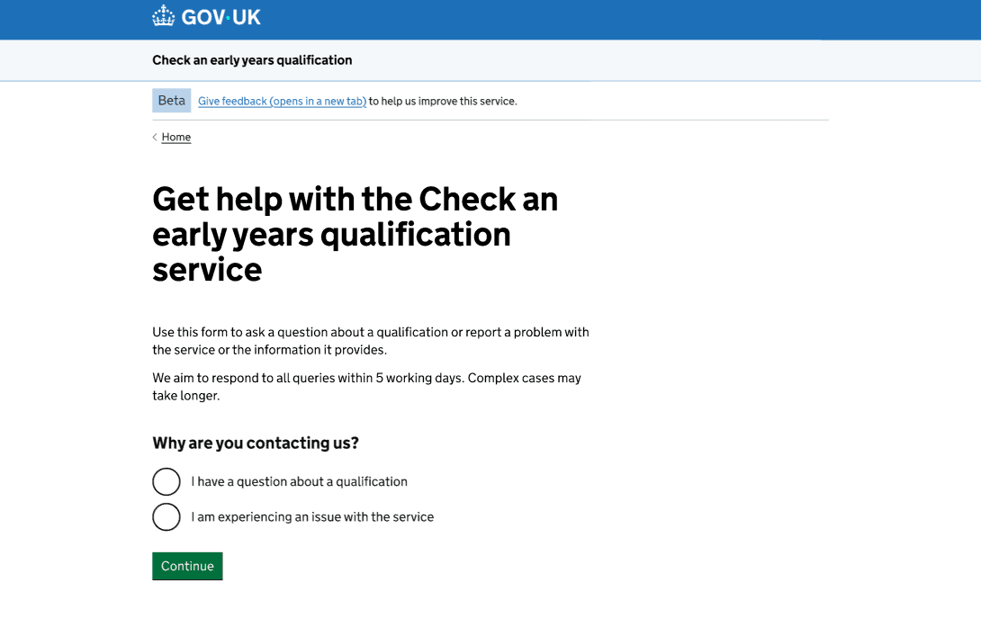 screenshot of the page asking for the reason for contacting us